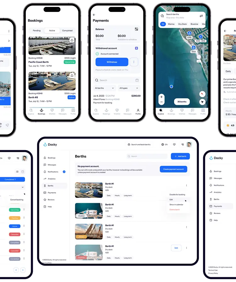 Docky desktop dashboard alongside mobile booking app screens.