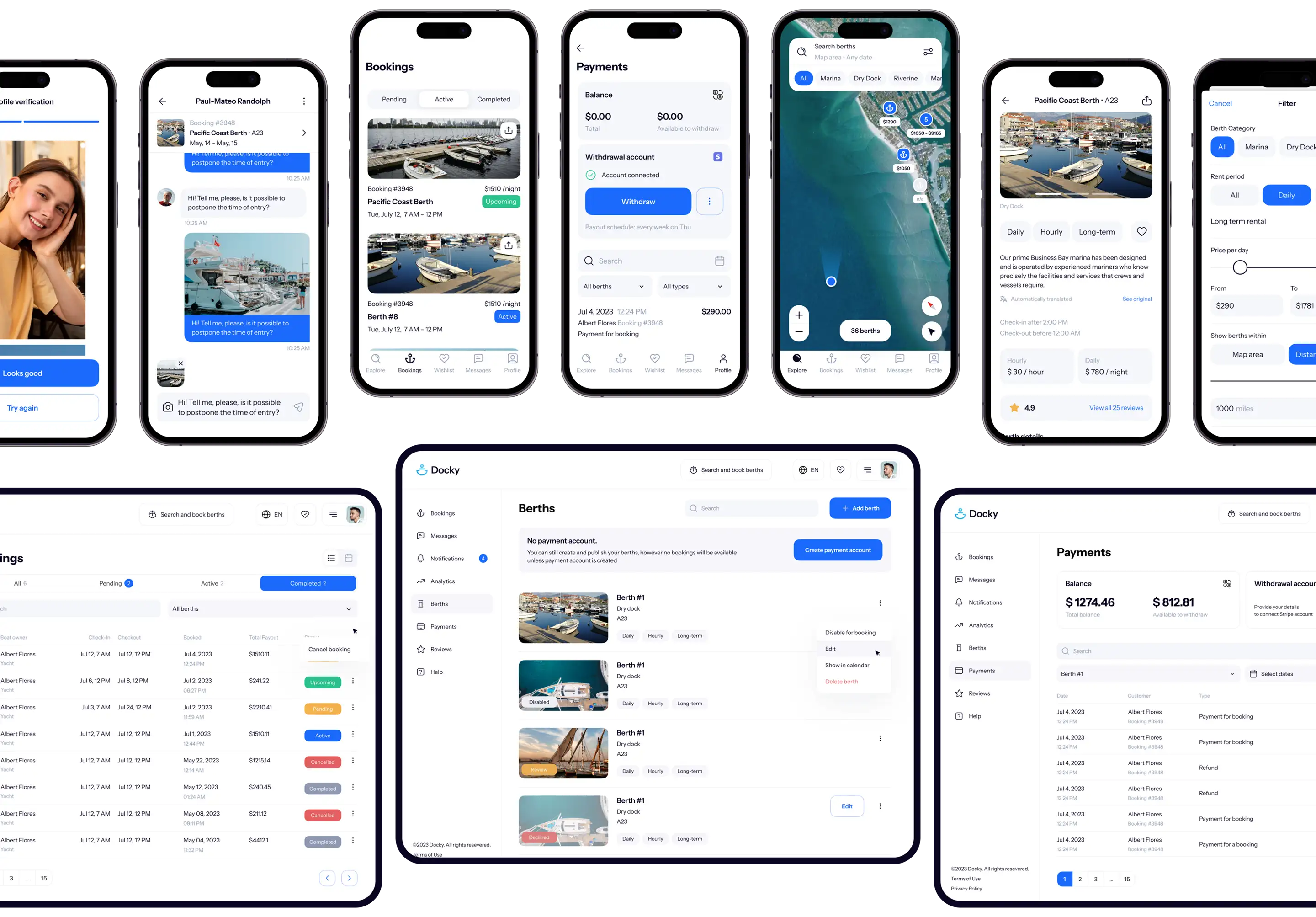 Docky desktop dashboard alongside mobile booking app screens.
