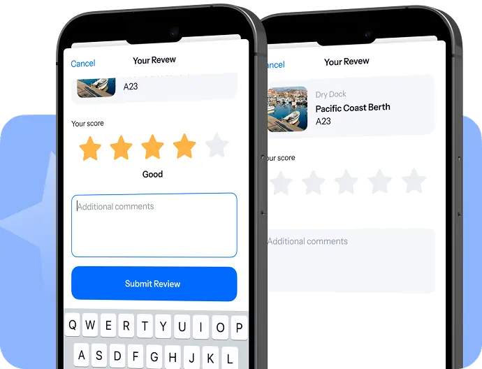 Docky mobile screens for rating a berth and writing a review.