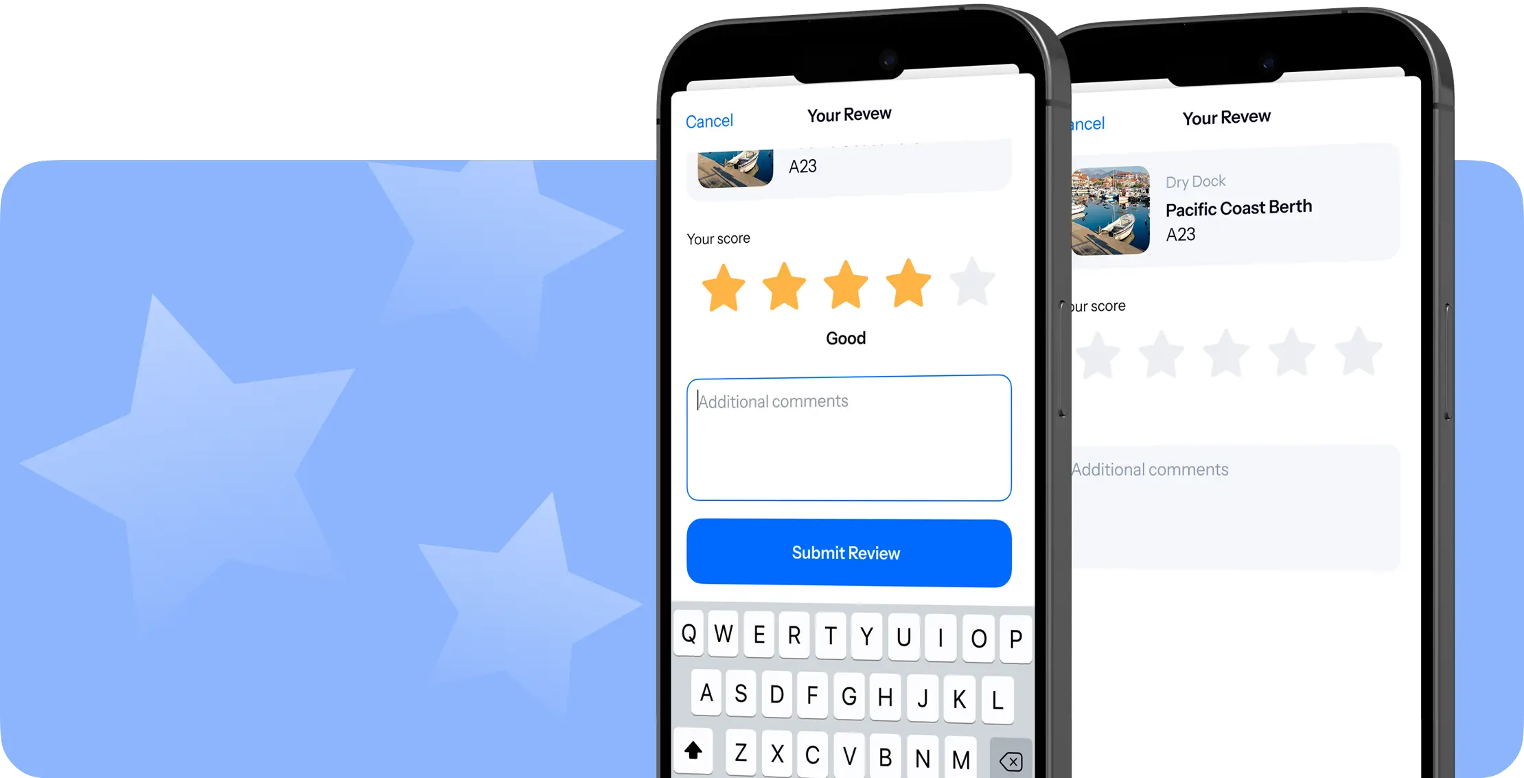 Docky mobile screens for rating a berth and writing a review.