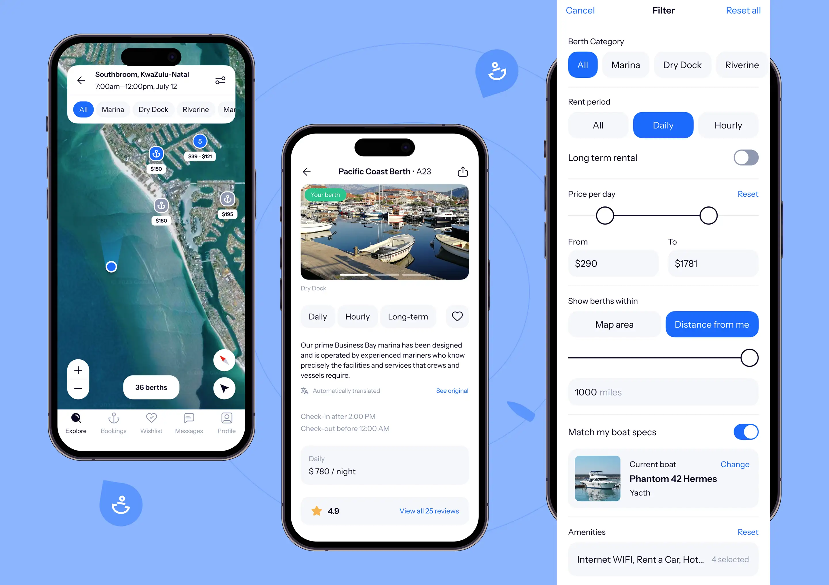 Docky mobile screen searching marina berths on a map.