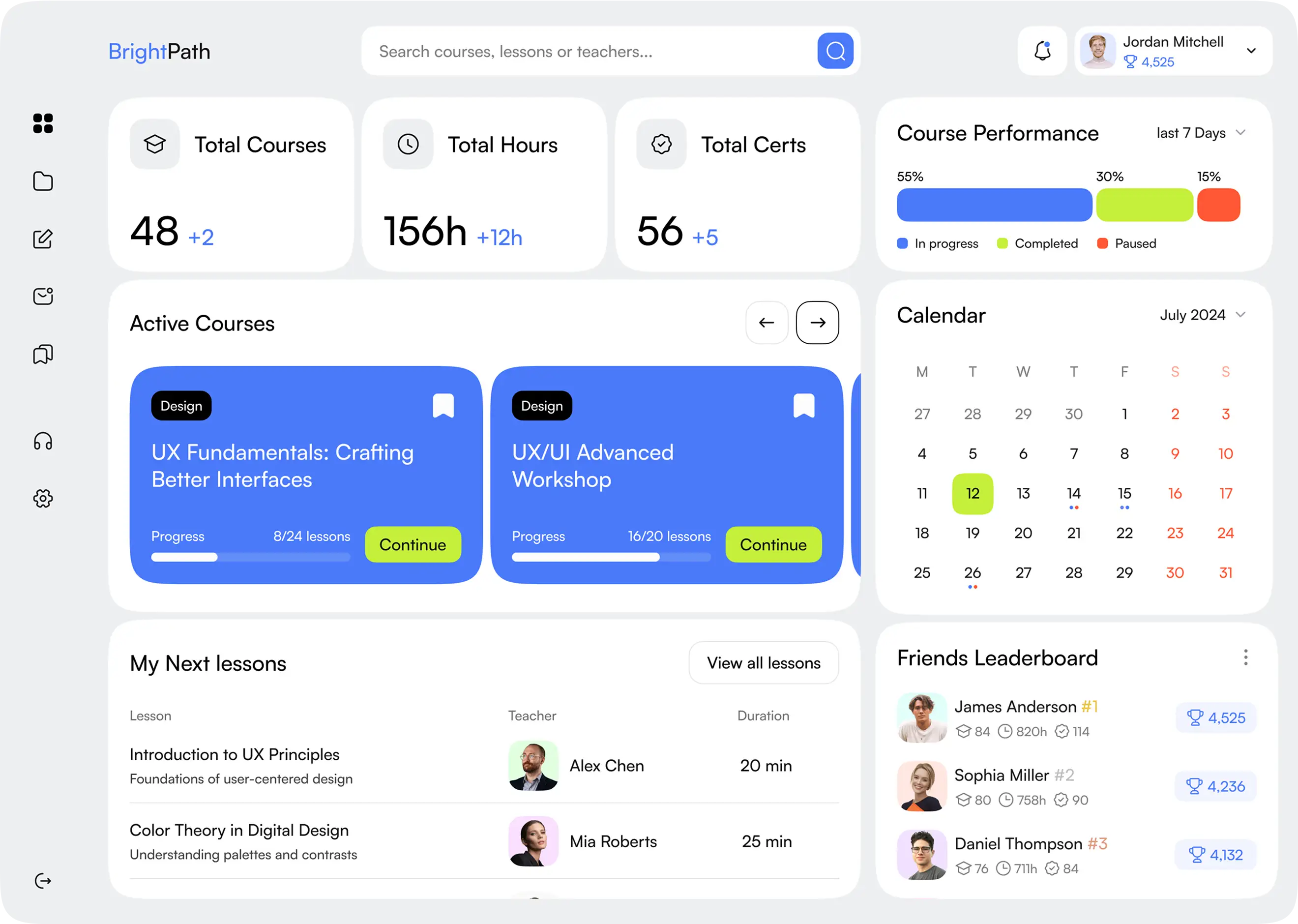 Progress dashboard with course stats and a learning calendar.