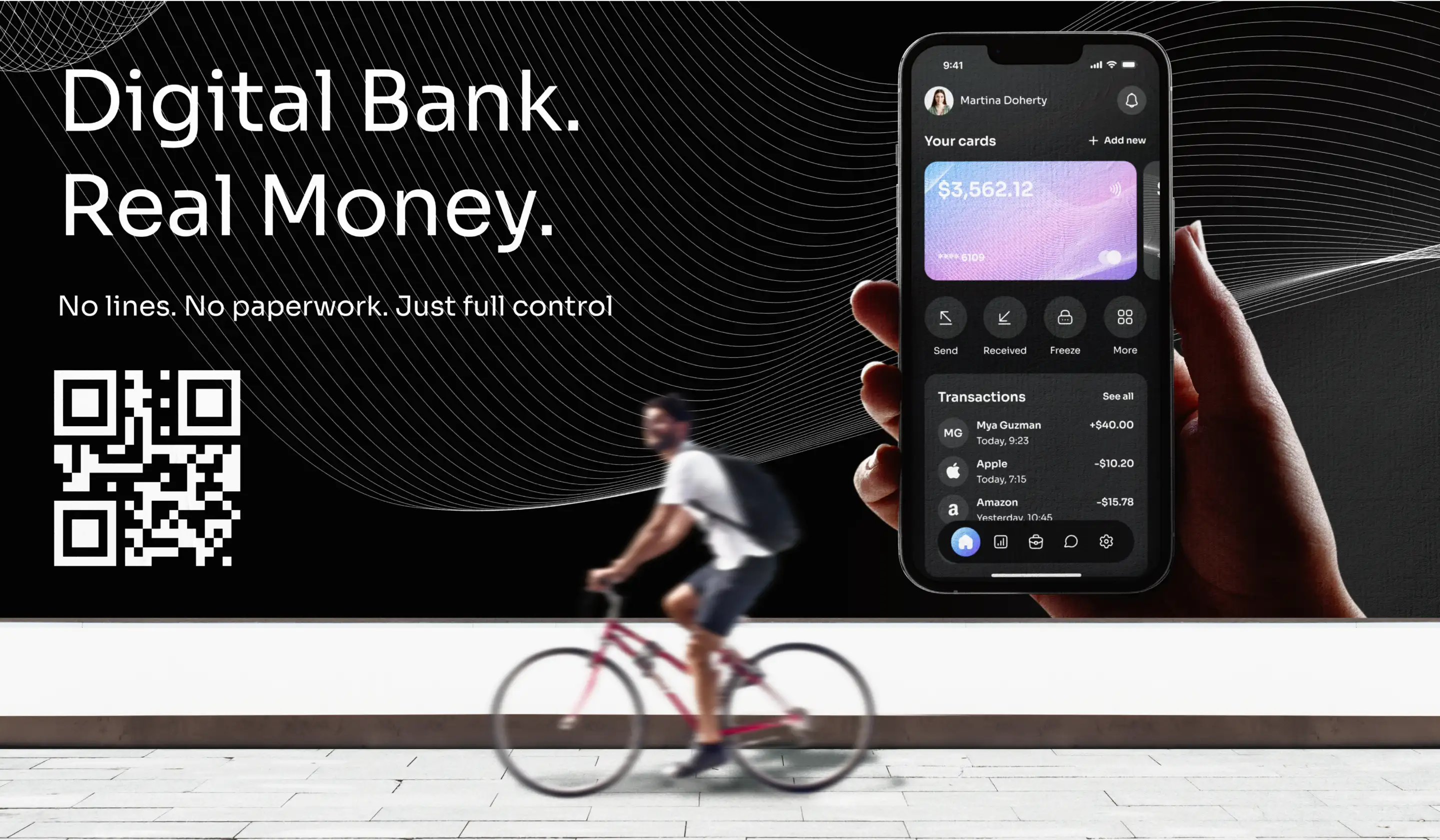 Neobank app marketing banner reading Digital Bank, Real Money beside a phone.