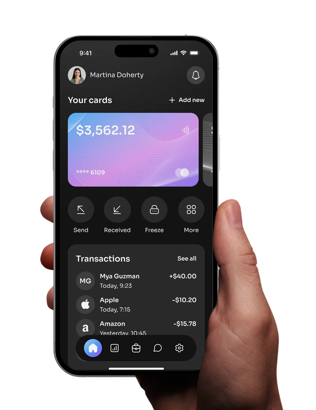 Hand holding a phone showing the neobank app transactions screen.