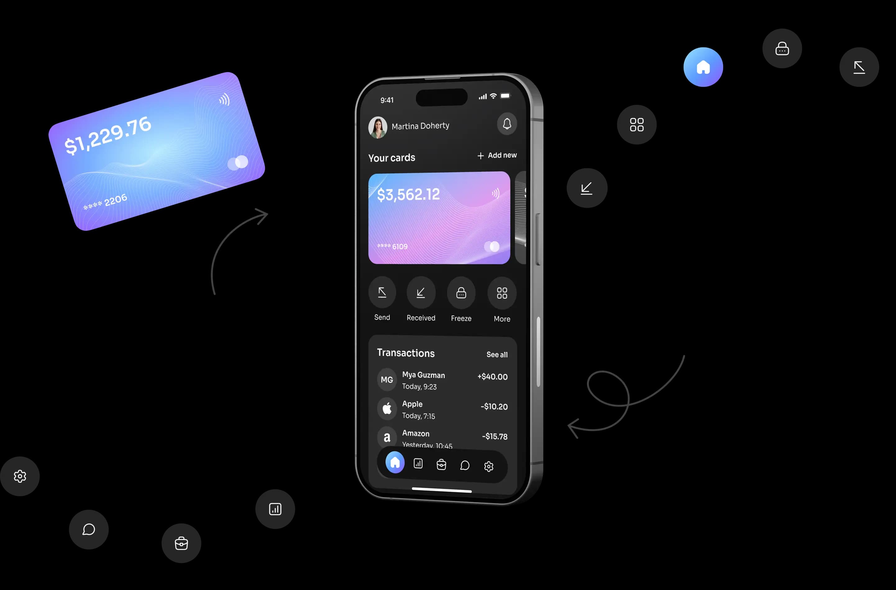Phone displaying the neobank app home screen amid floating UI elements.