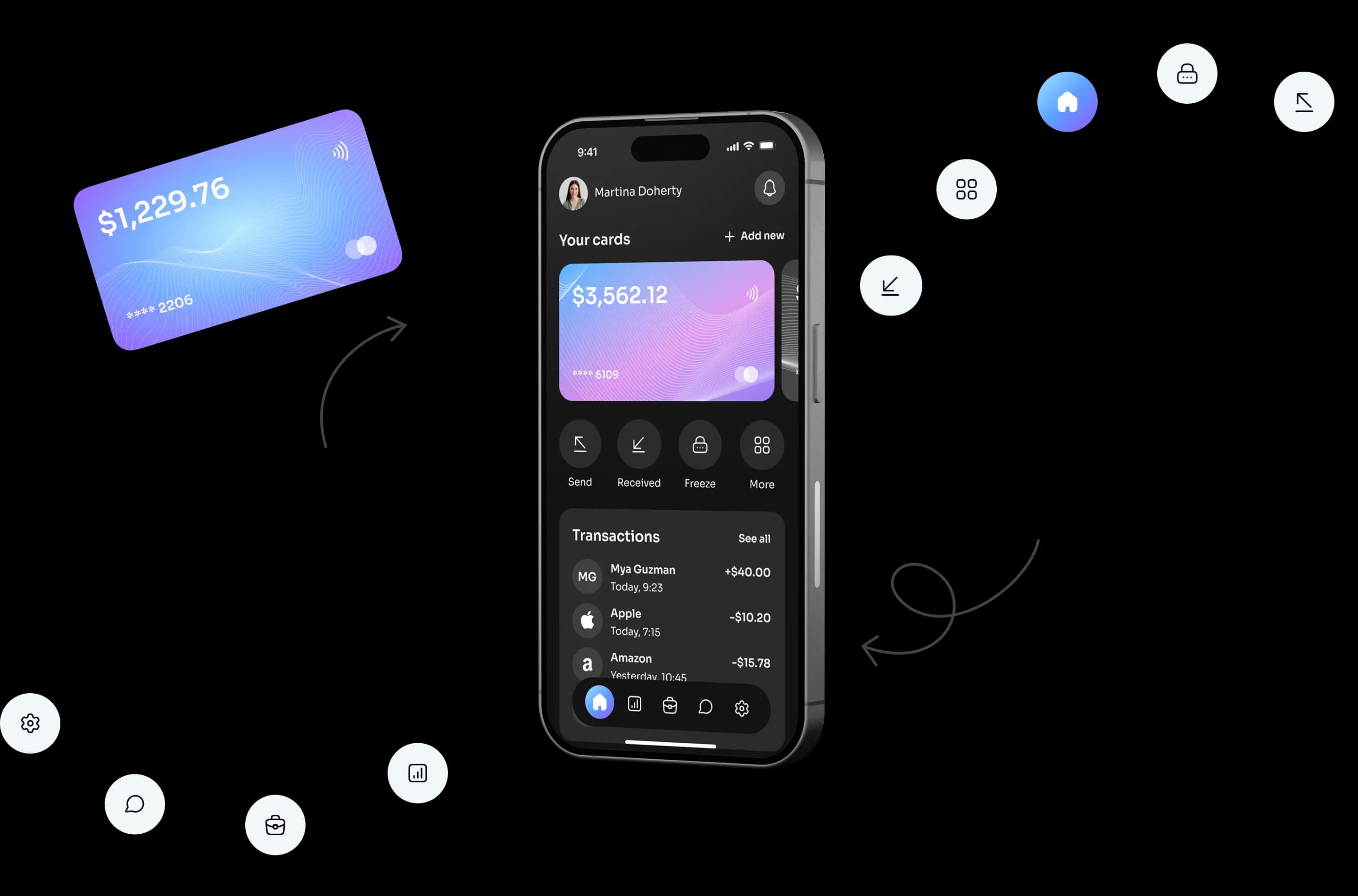 Phone displaying the neobank app home screen amid floating UI elements.