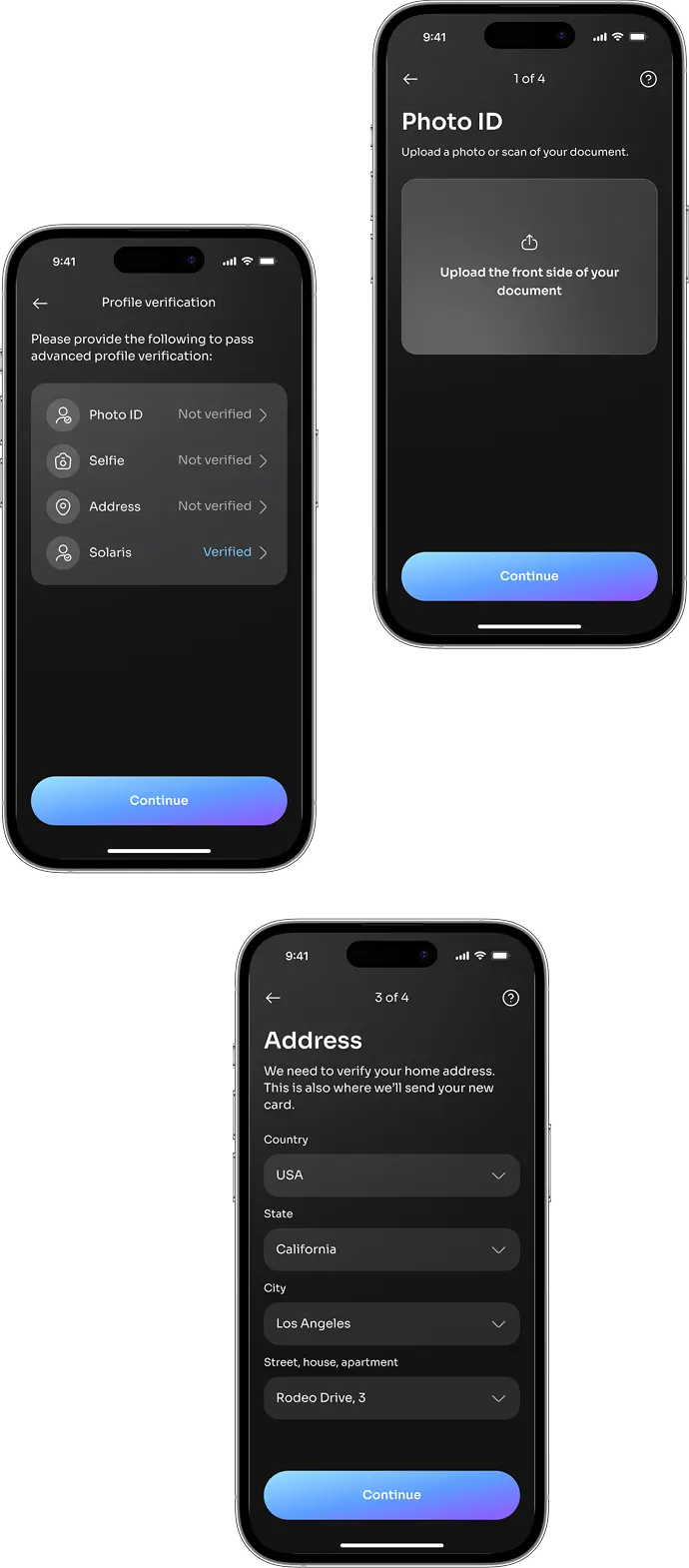 Several phones showing the neobank app KYC identity verification flow.