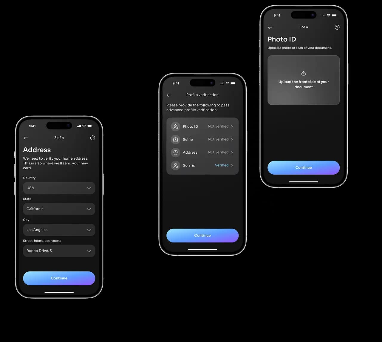 Several phones showing the neobank app KYC identity verification flow.