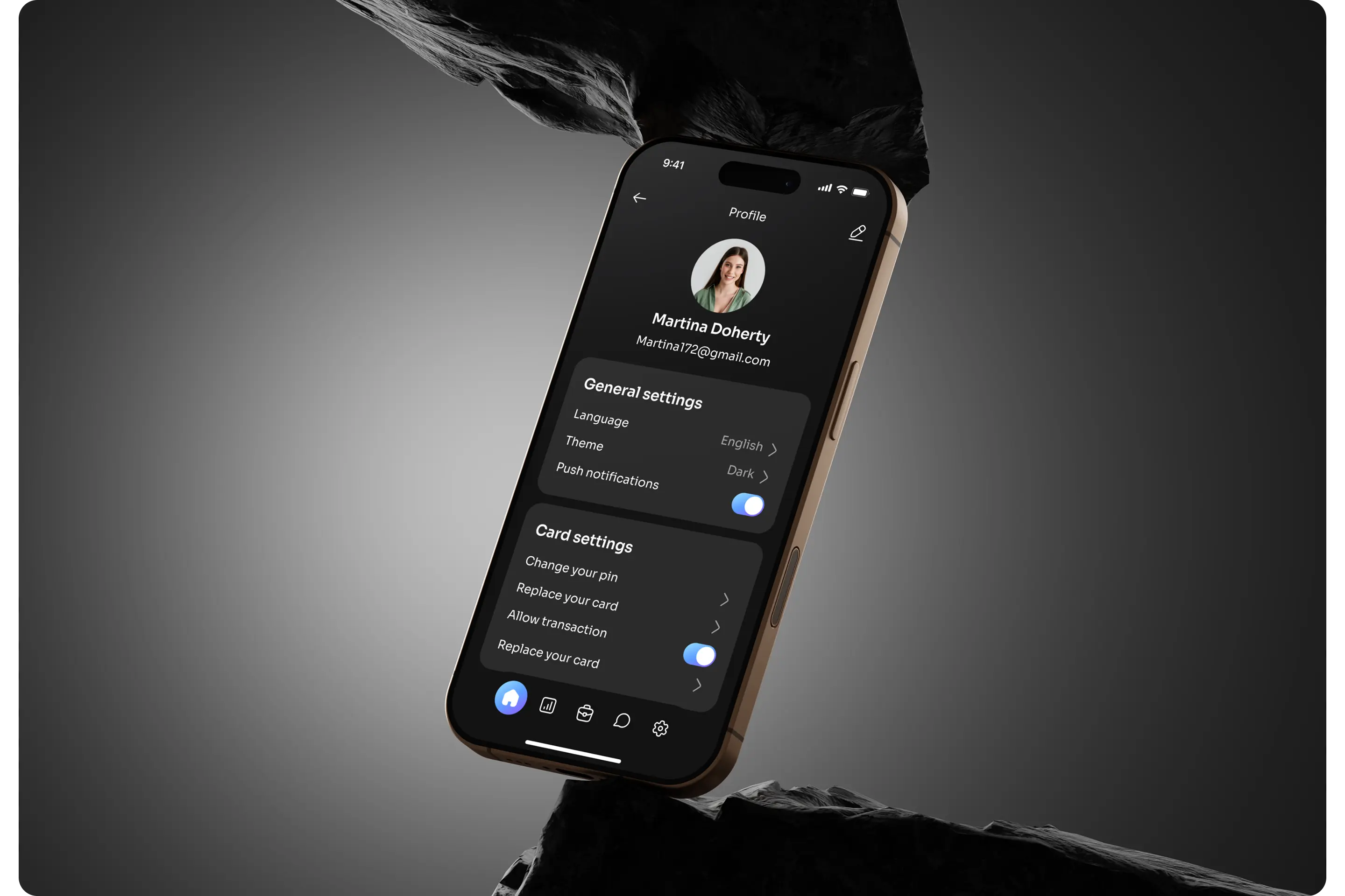 Hand holding a phone showing the neobank app cards and balance screen.