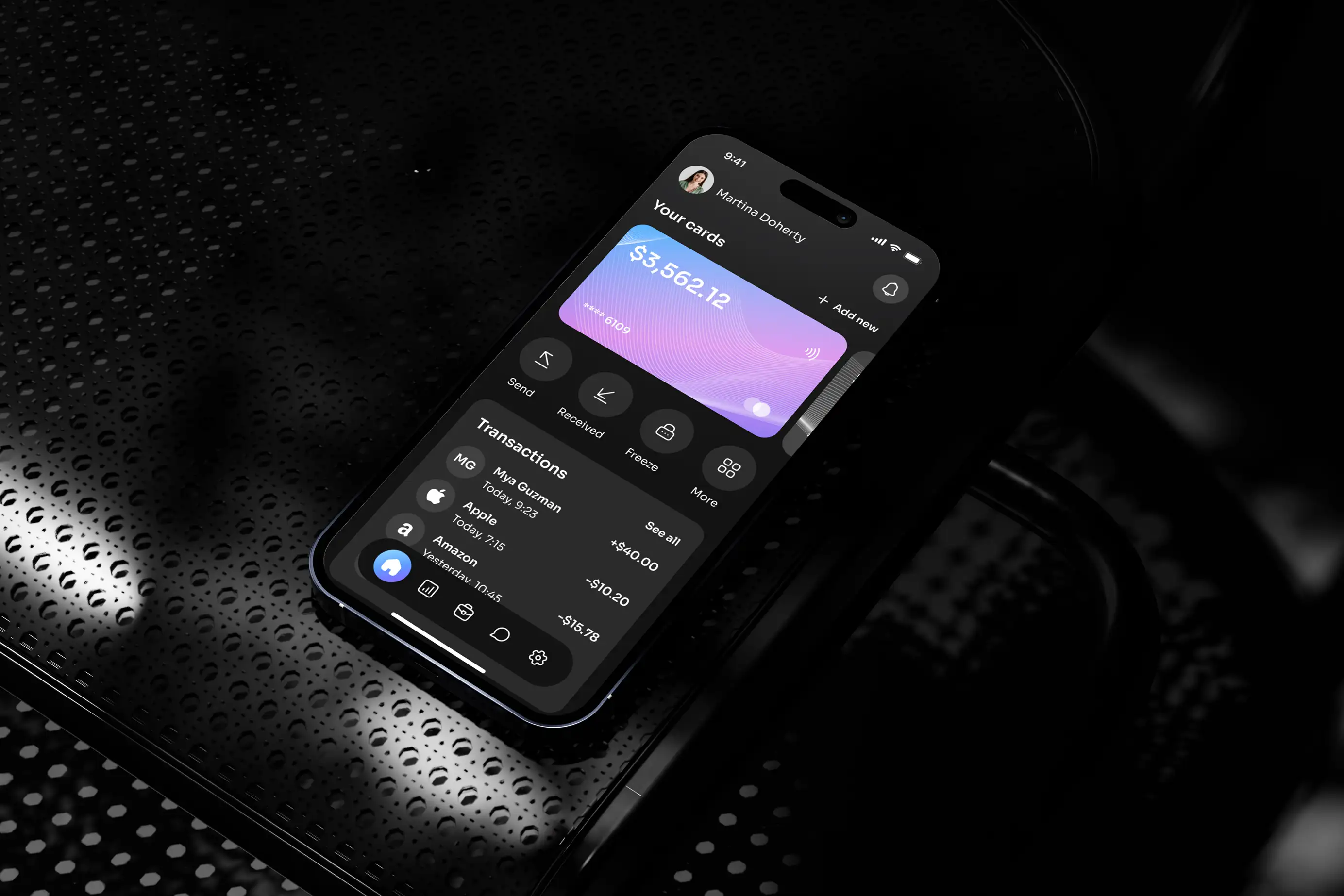 Phone displaying the neobank app screen in a dark dramatic setting.
