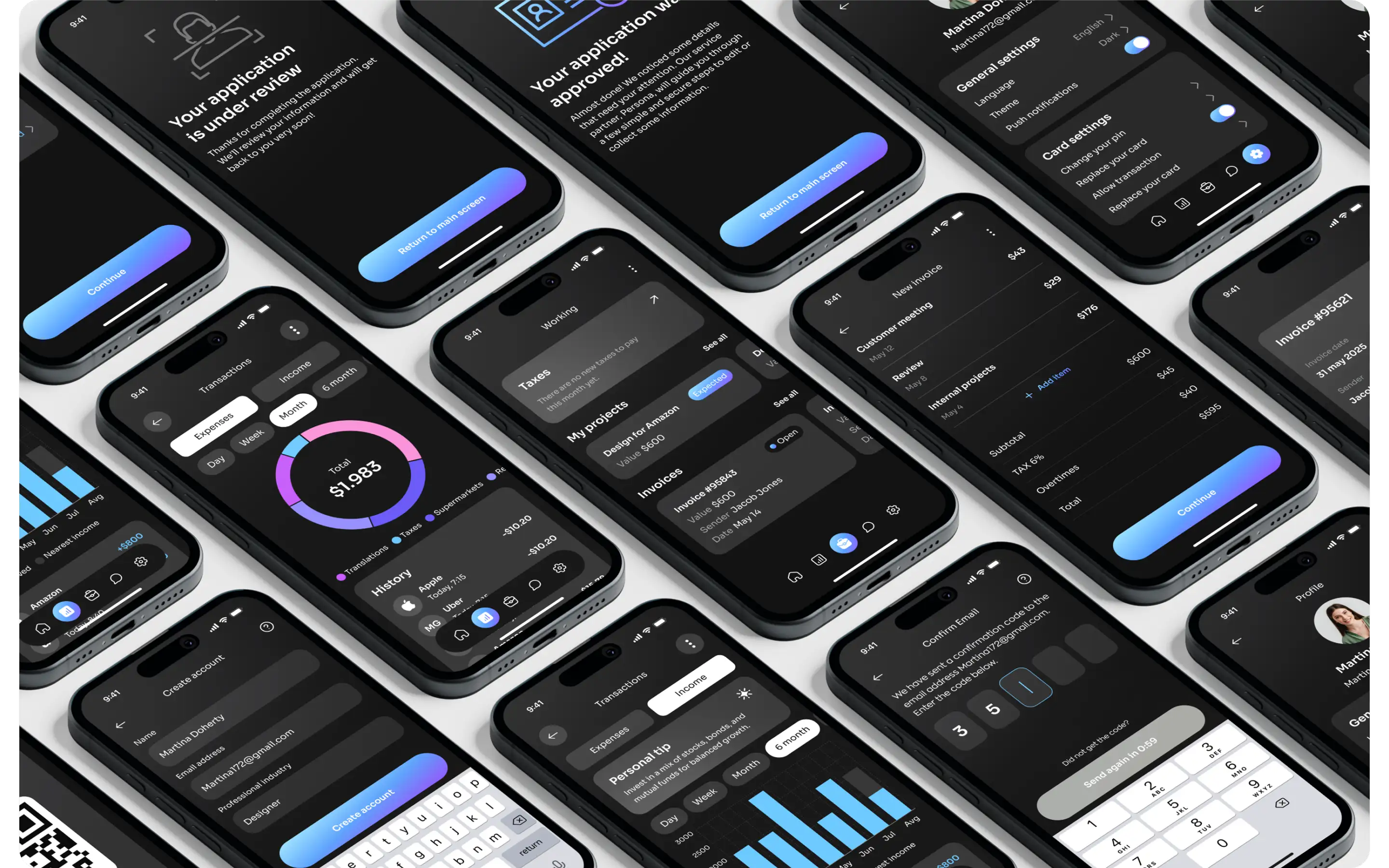 Perspective grid of phones showing the neobank app onboarding screens.