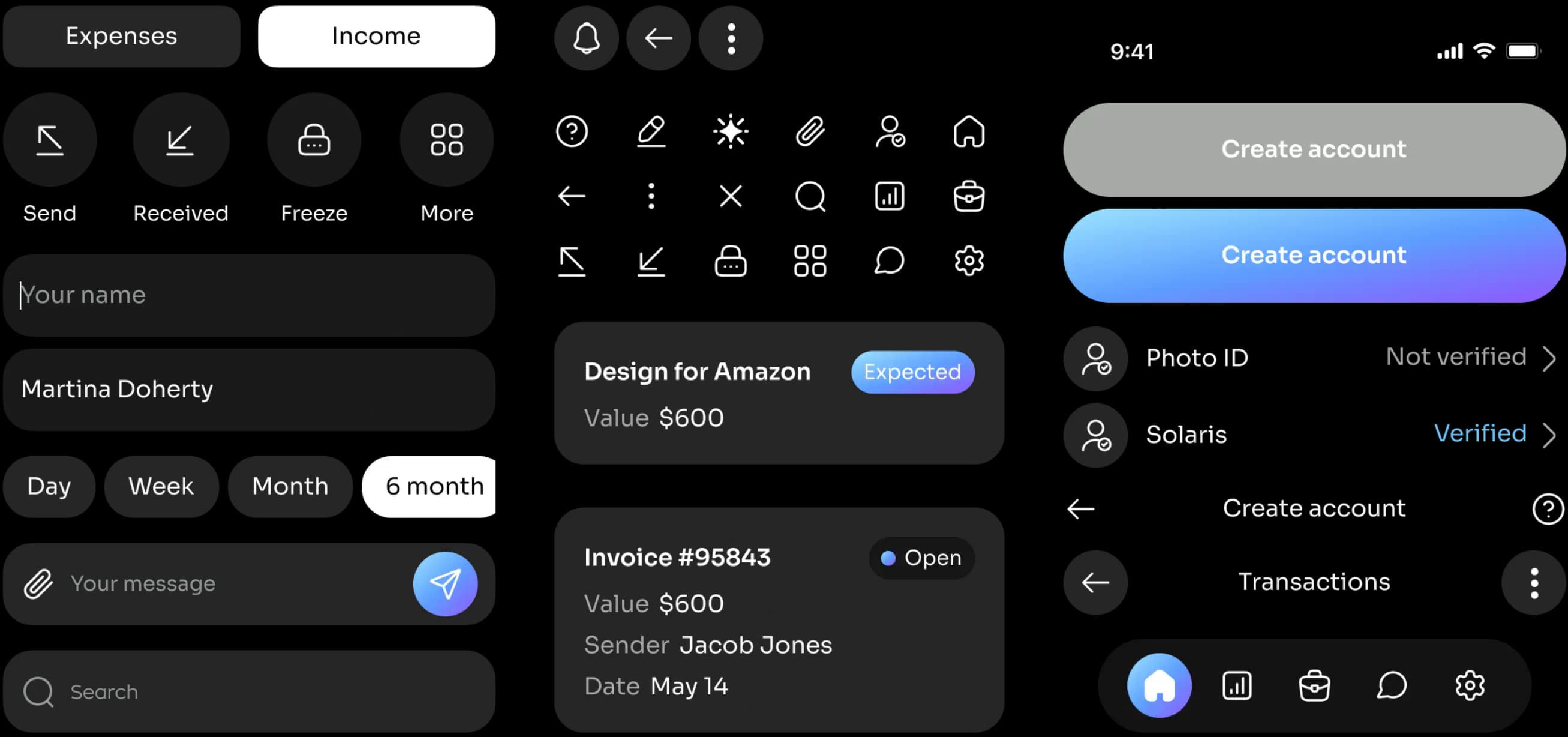 Neobank app UI component mockups with cards, toggles, and panels.