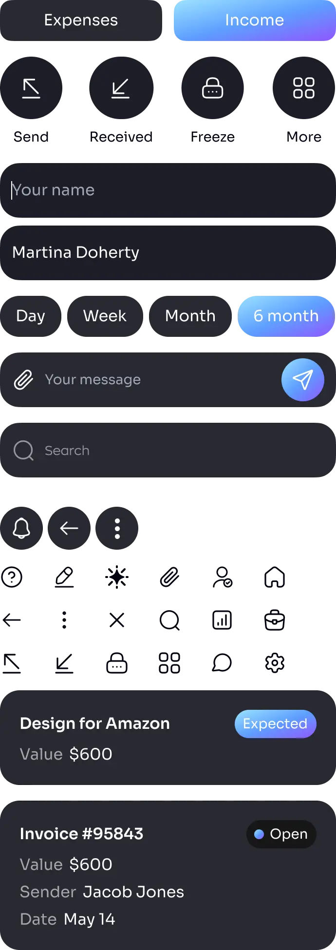Neobank app UI component mockups with cards, toggles, and panels.