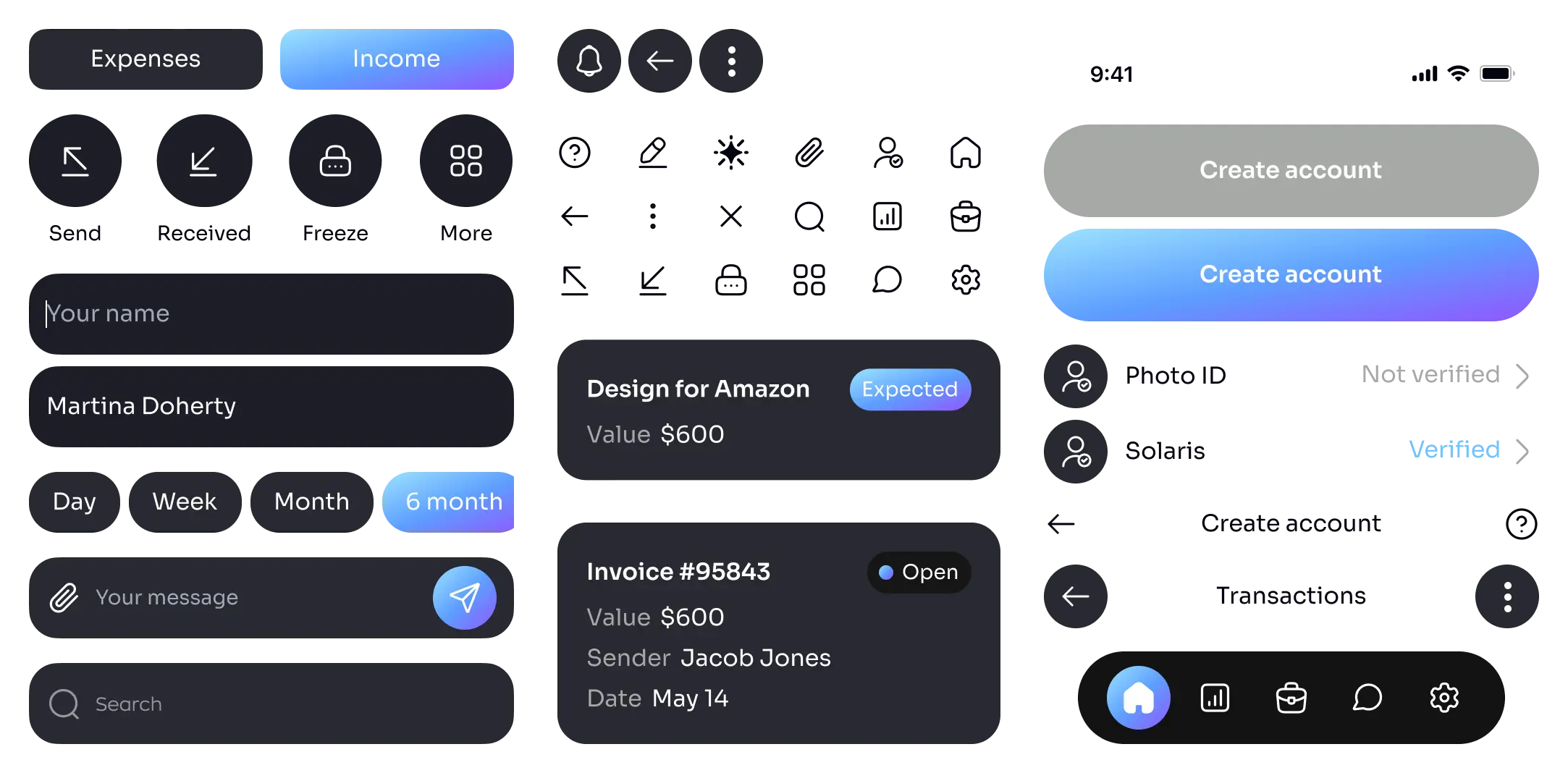 Neobank app UI component mockups with cards, toggles, and panels.