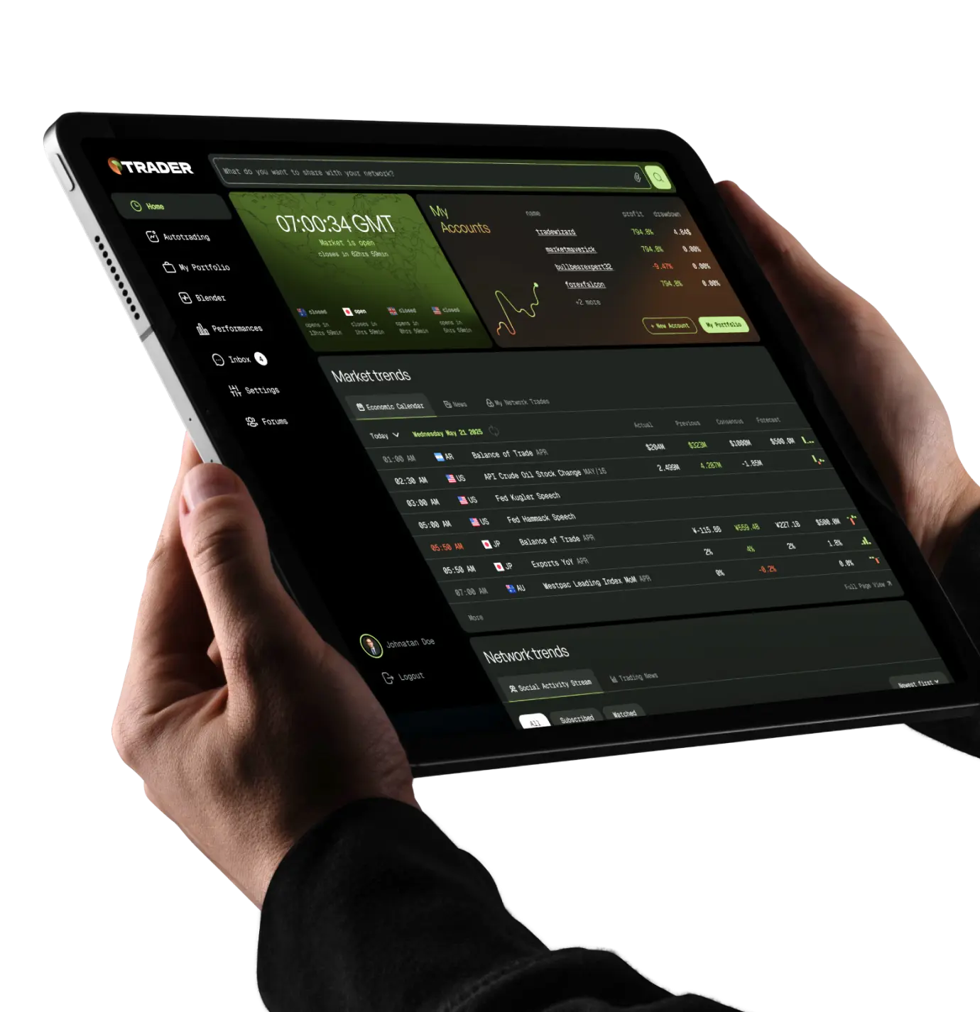 Hands holding a tablet running the Forex social trading platform interface.