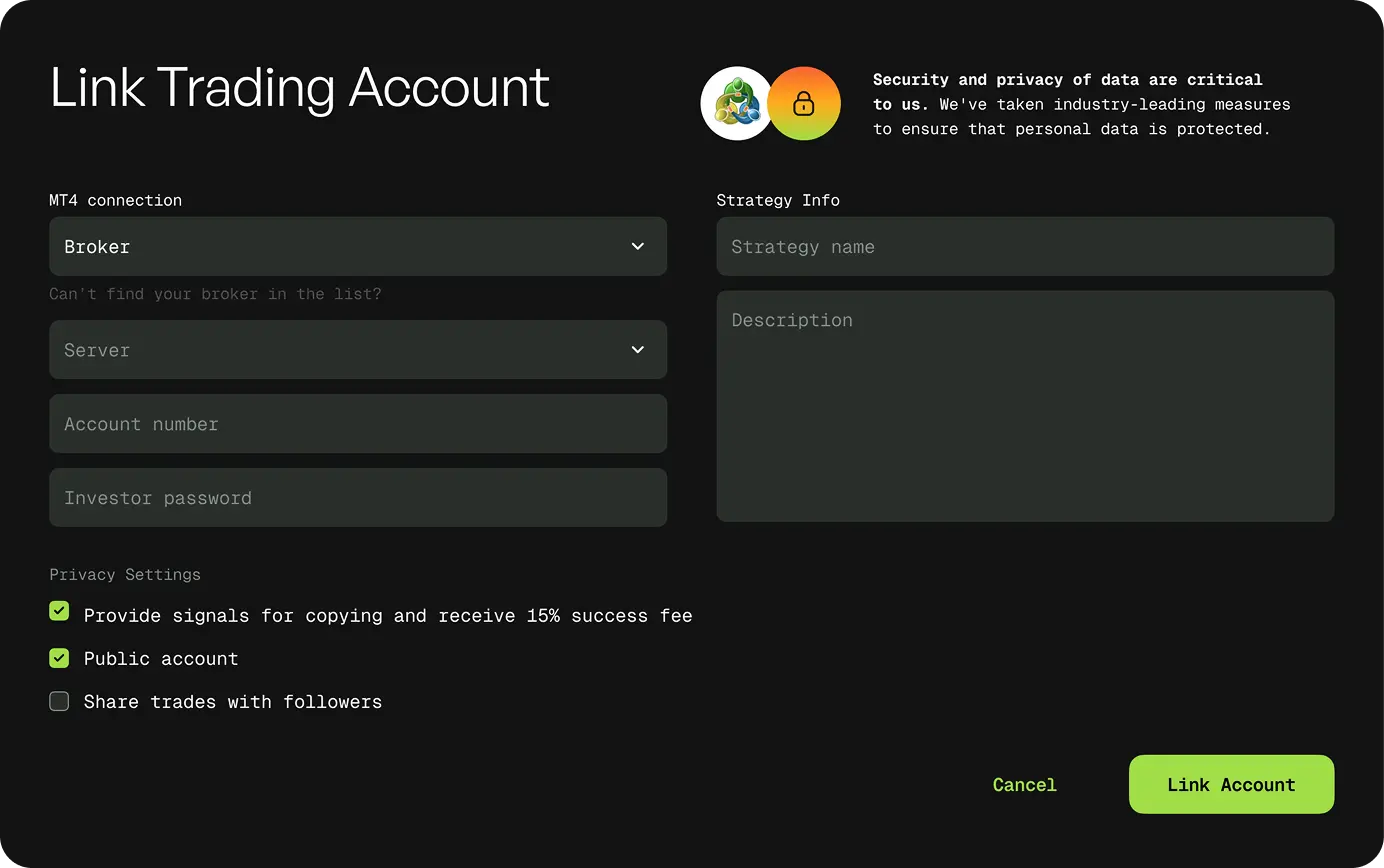 Link Trading Account form for connecting a broker on the Forex platform.