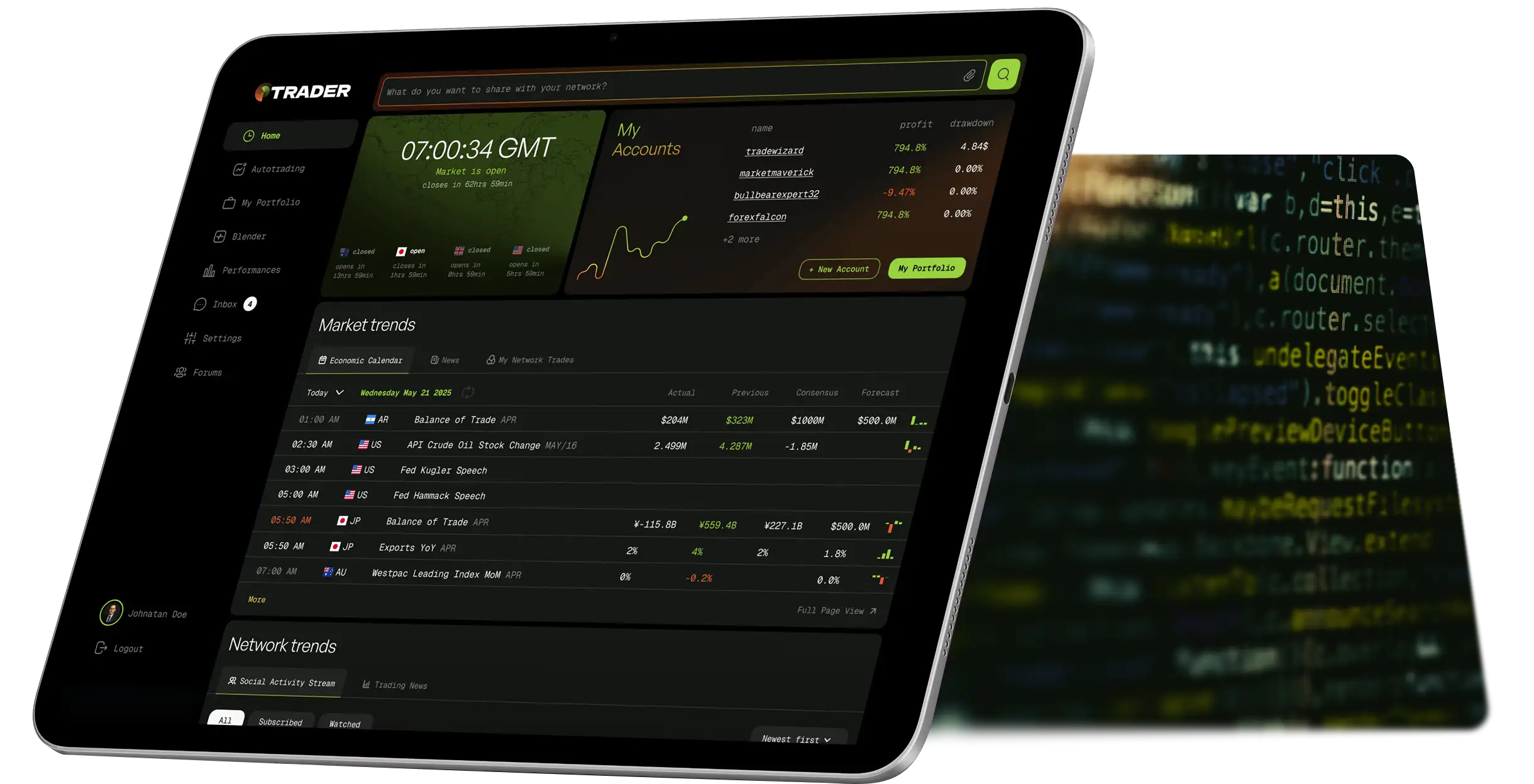 Tablet running the Forex social trading platform interface.