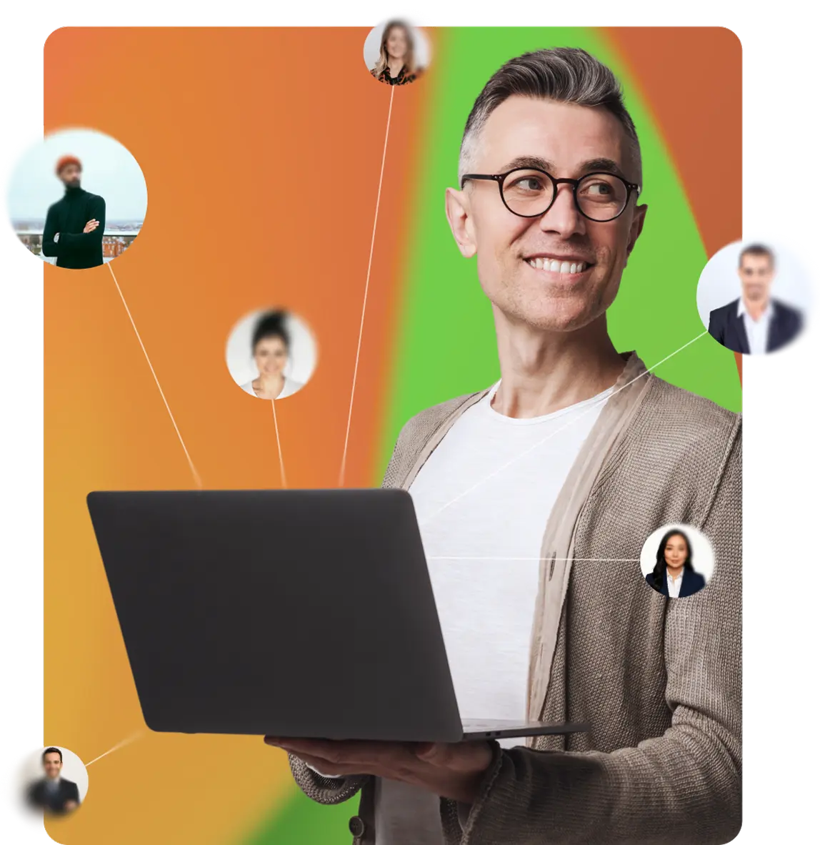 Man using a laptop surrounded by trader avatars on the Forex social trading platform.