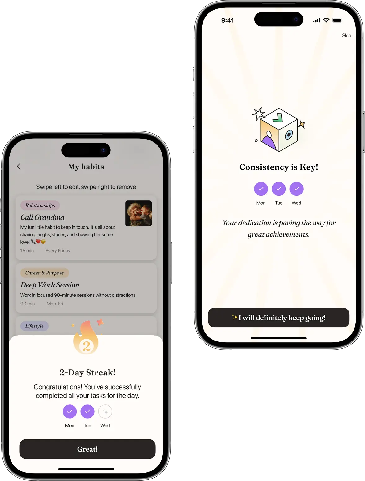 App screens with streak and consistency notifications celebrating habit progress.