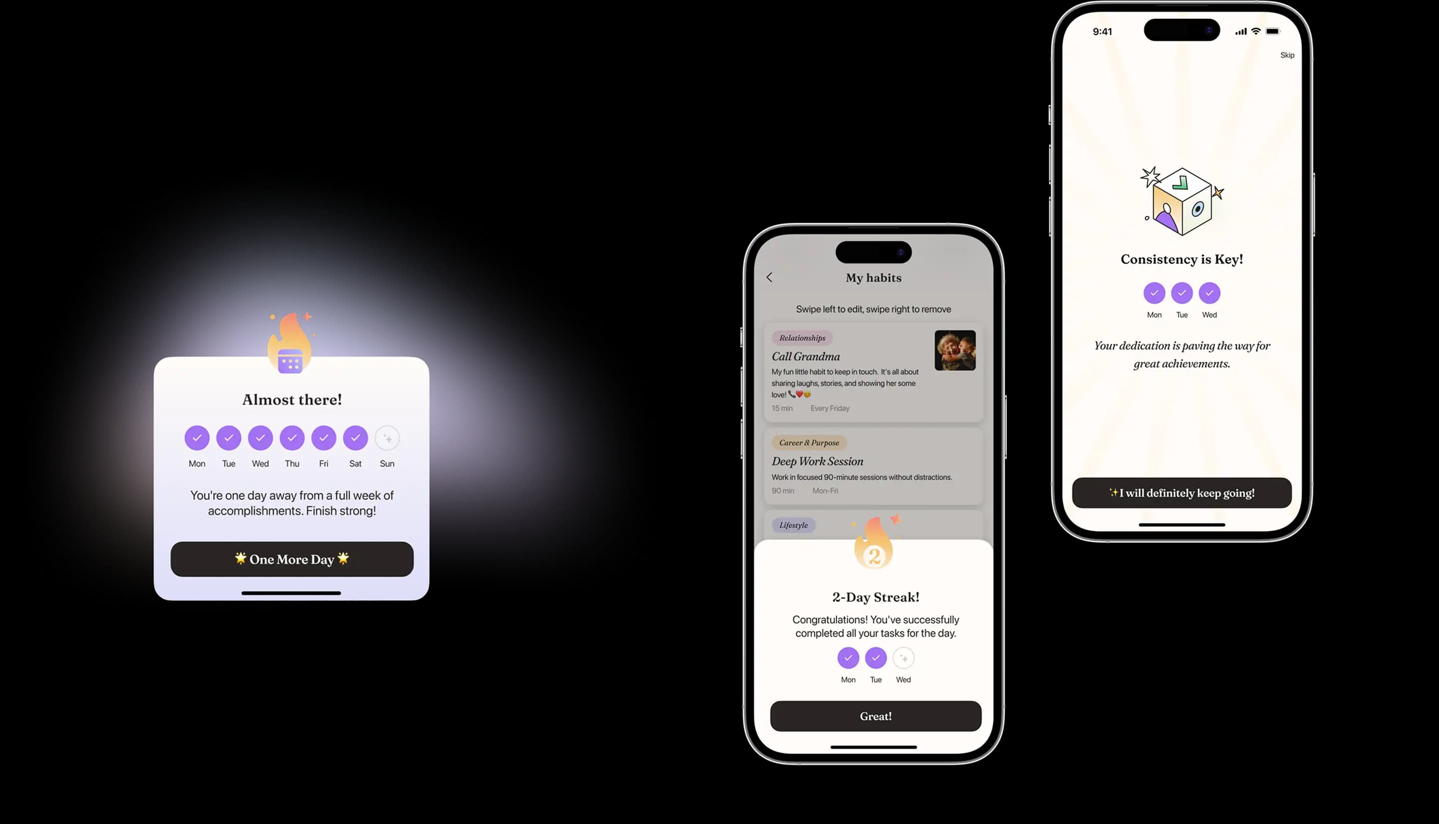 App screens with streak and consistency notifications celebrating habit progress.