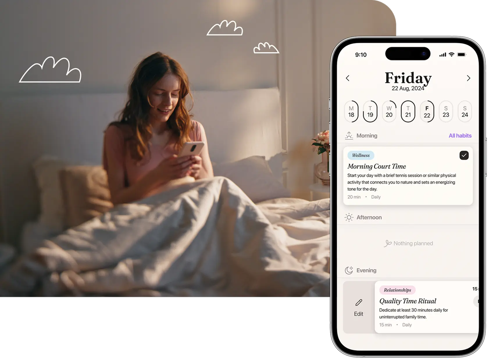Woman in bed beside a phone showing the habit calendar screen.