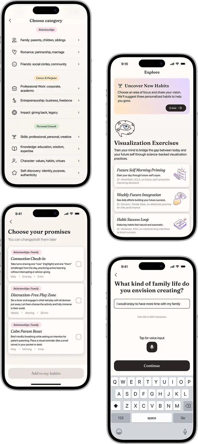 Phone screens for exploring and adding new habits in the app.