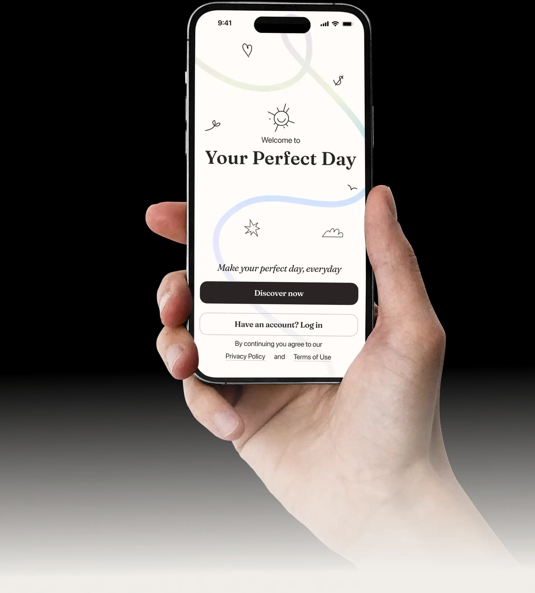 Hand holding a phone showing the app's welcome screen.