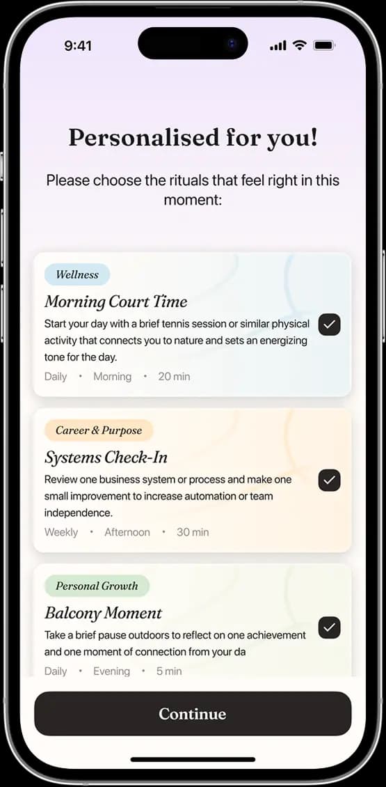Phone screen with three suggested rituals, all of them selected.