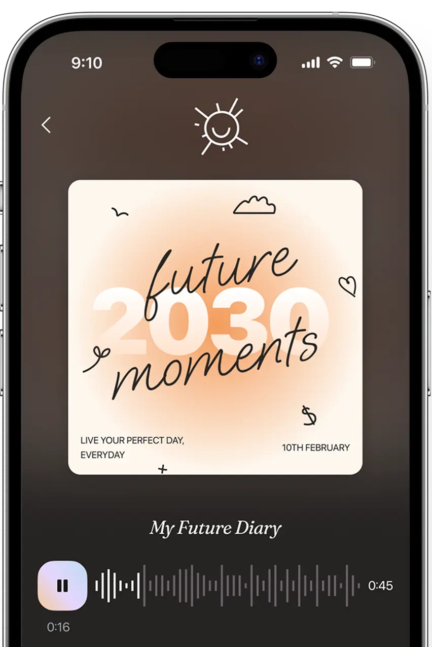 Dark app screen showing the 'future 2030 moments' card and an audio entry in My Future Diary.