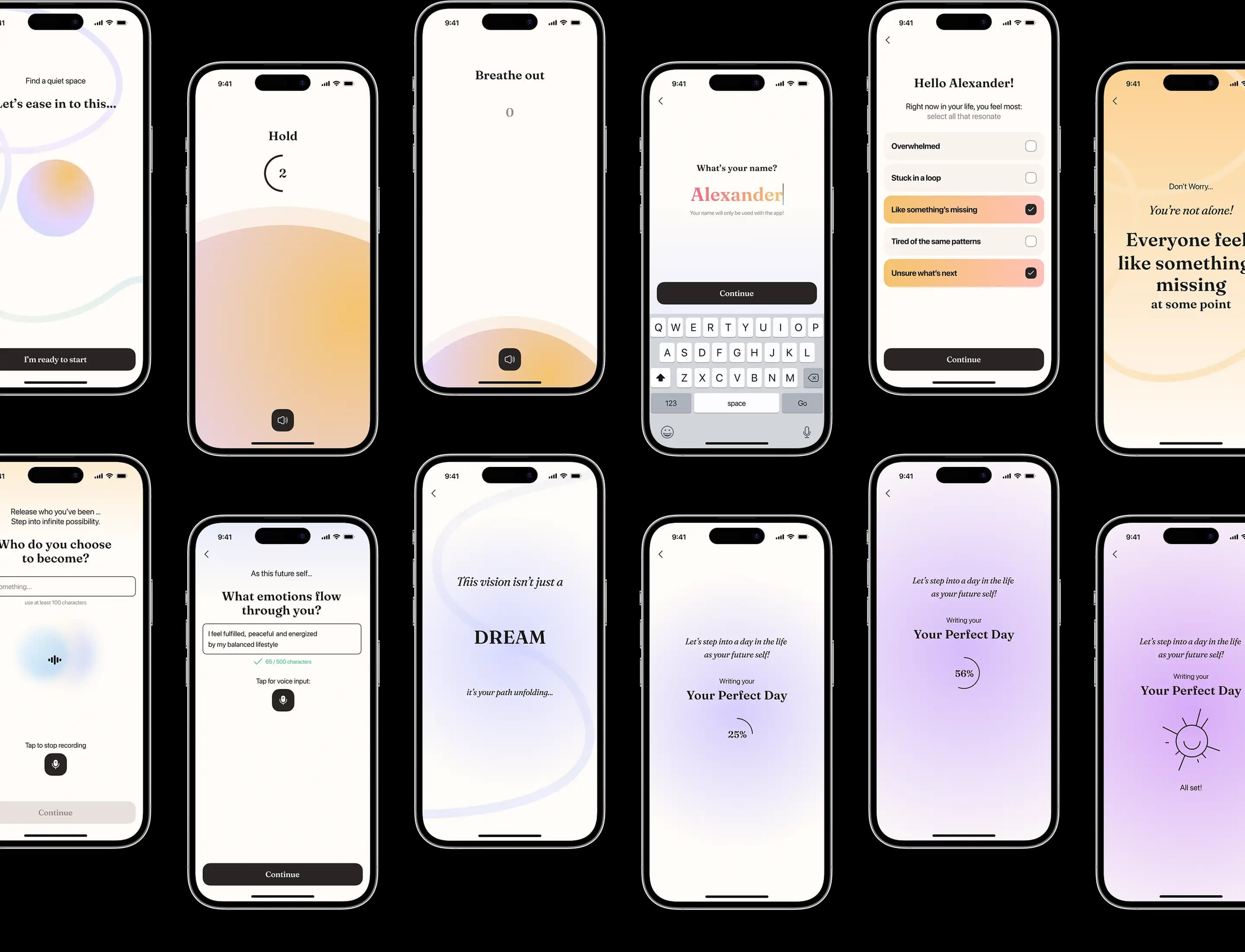 Phone screens walking through app onboarding in the habit tracker.