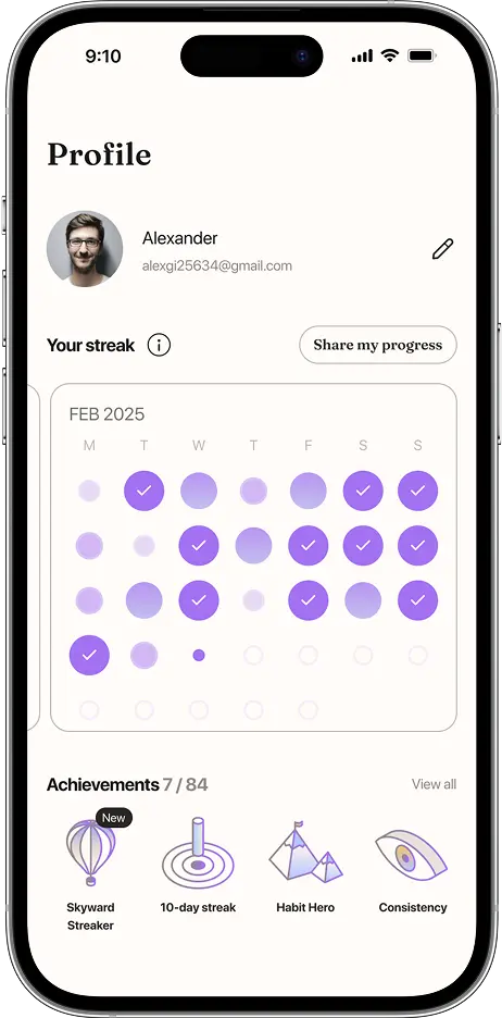 Profile screen with a monthly streak calendar and unlocked achievements.