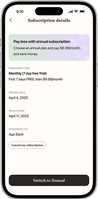 Subscription details screen with the current plan, renewal date and an option to switch to annual.