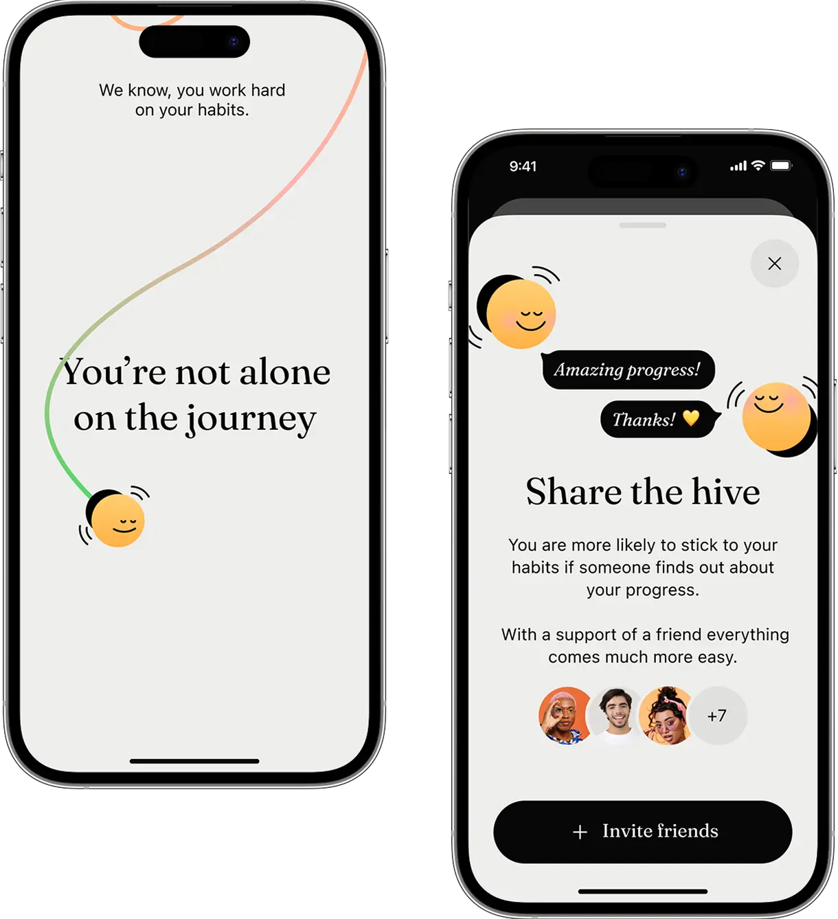 App design shots encouraging users to share their habit progress with friends.