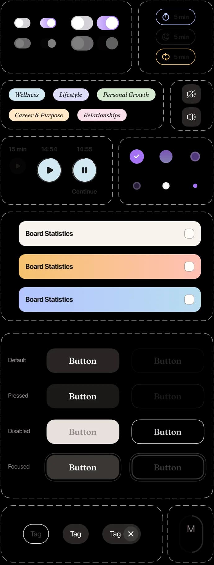 UI kit with the app's buttons, inputs, tags, toggles and other interface components.