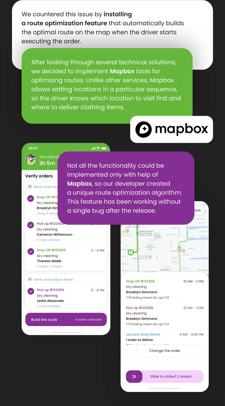 Phone mockups demonstrating the driver route optimisation feature.