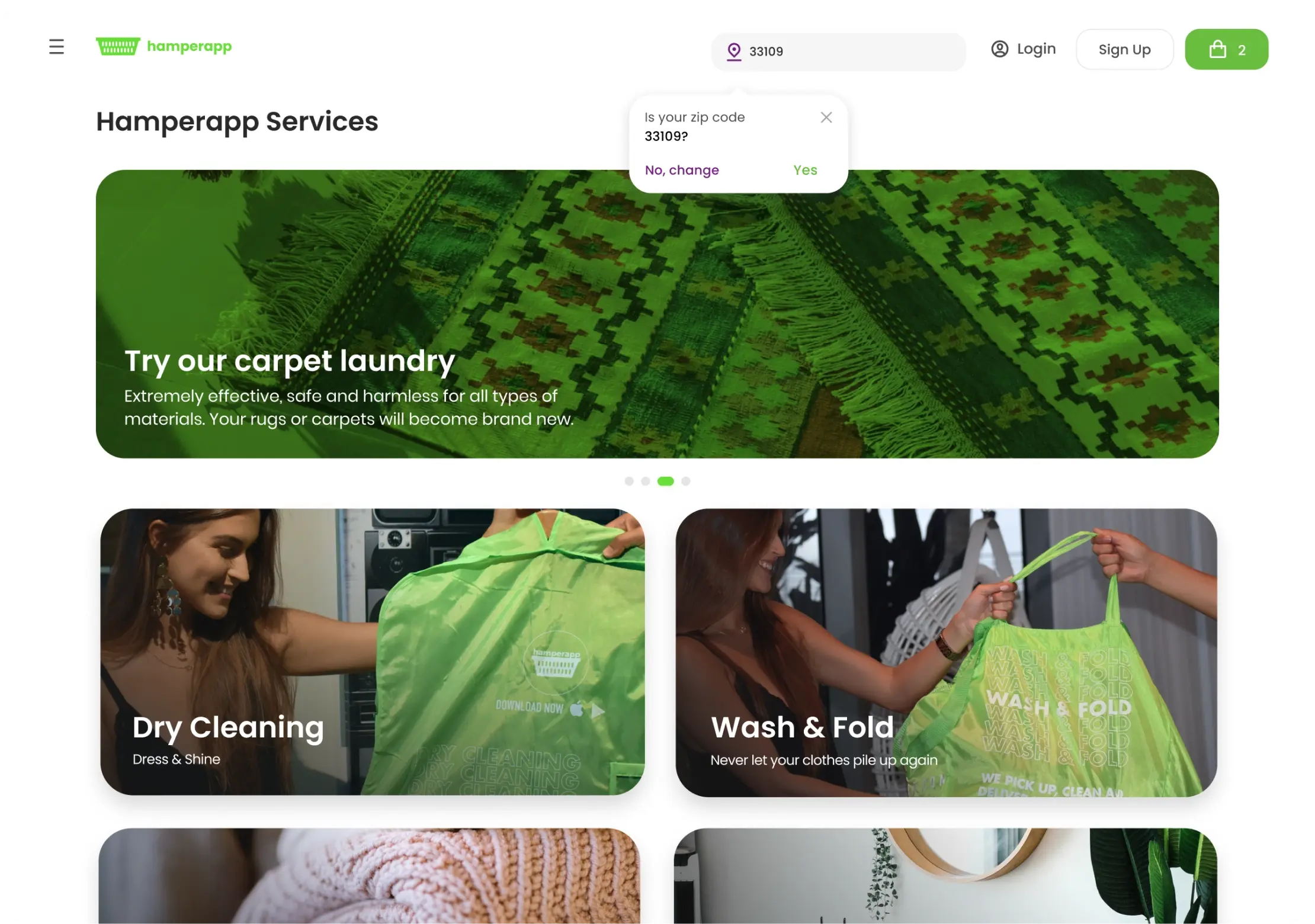 Hamperapp web app services page with a carpet laundry promo banner and Dry Cleaning and Wash & Fold service cards.