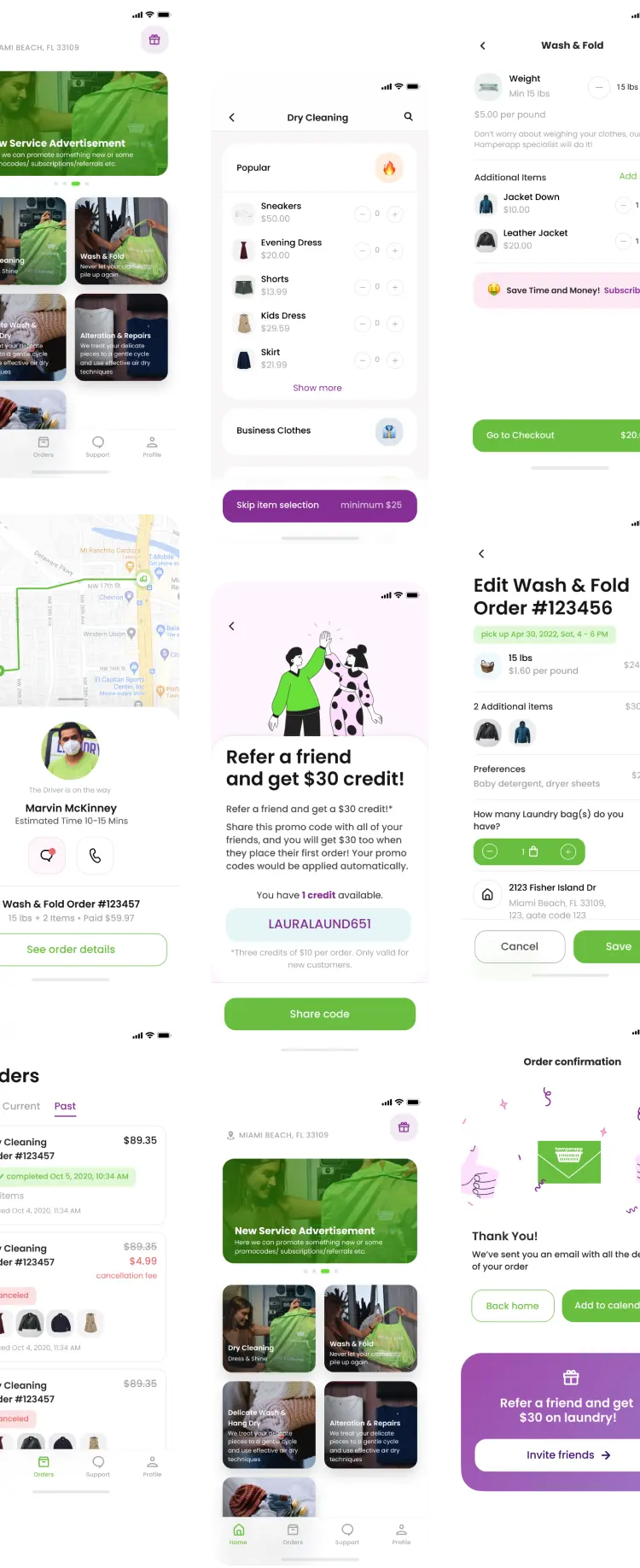 Mobile app screens for browsing services and placing a laundry order.