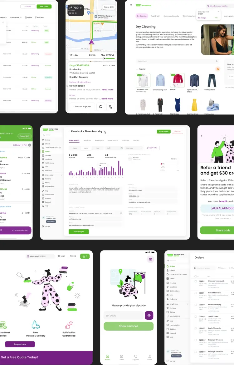 Collage of finished app and dashboard screens from the laundry project.