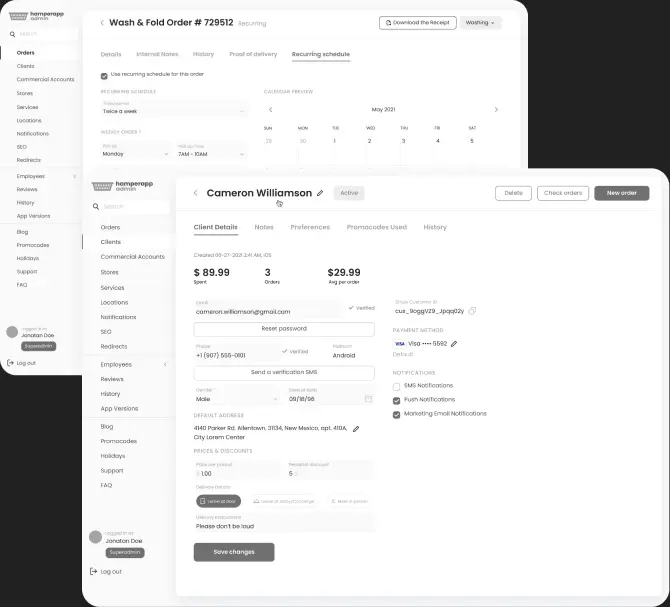 Admin dashboard screens with order tables and management forms.