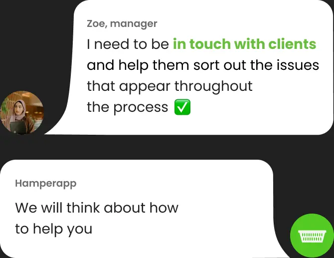 In-app chat where a manager asks to stay in touch with clients.