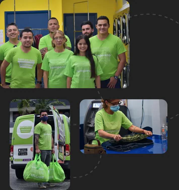 Photos of the project team wearing matching green branded shirts.