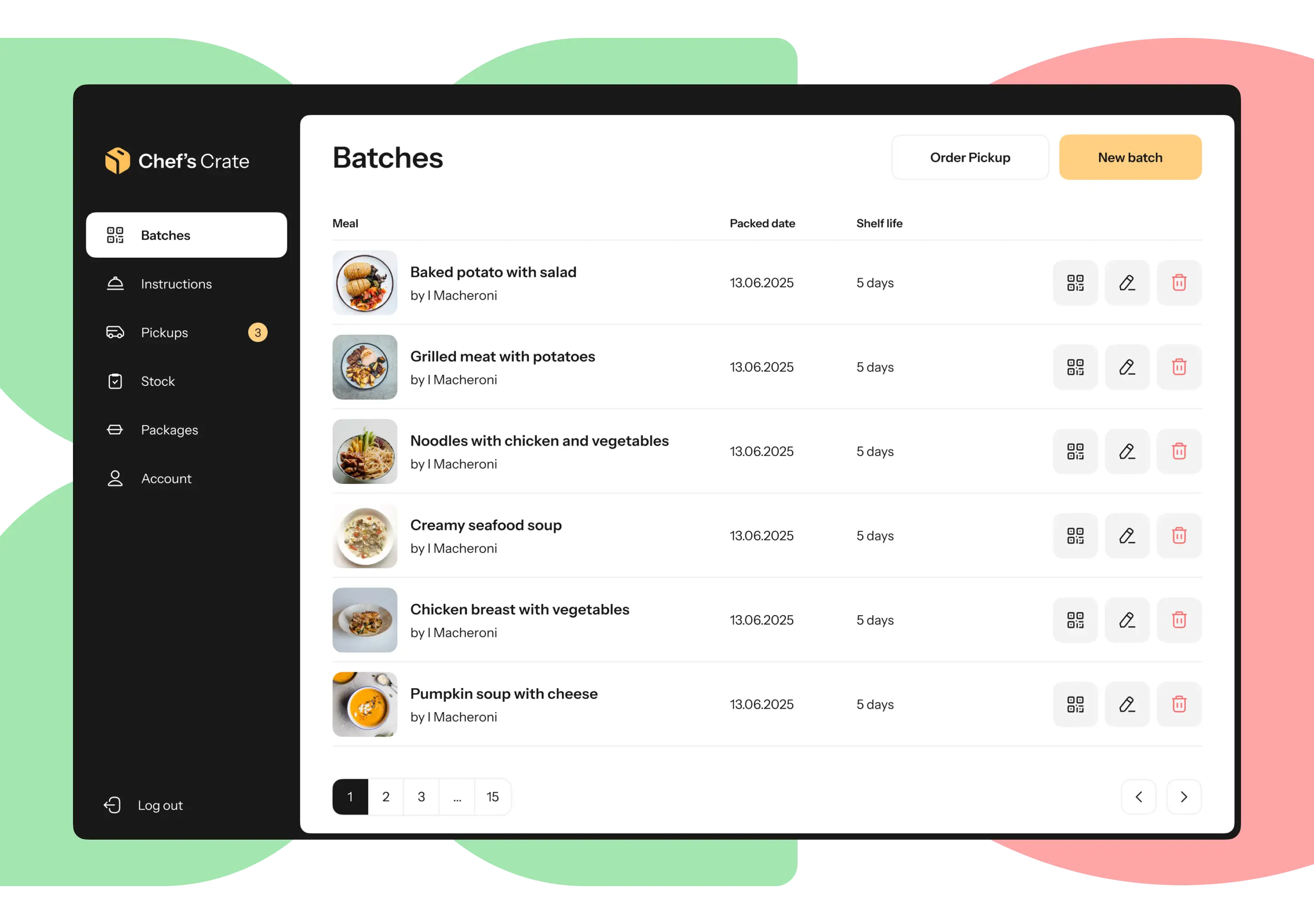 Chef's Crate Batches screen with QR code, edit and delete icons in each row.