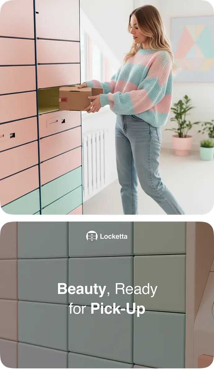Woman collecting a parcel at the in-store lockers beside a pick-up promo banner.