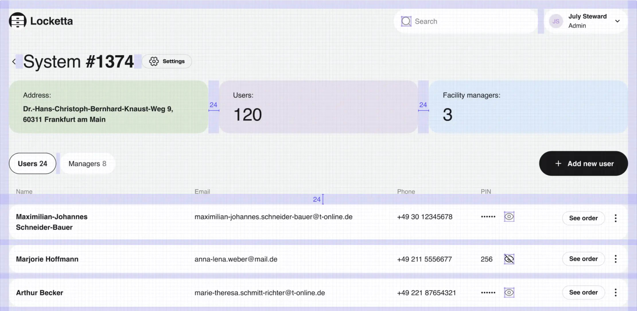 Admin detail screen for System #1374 with spacing measurements over the user table.