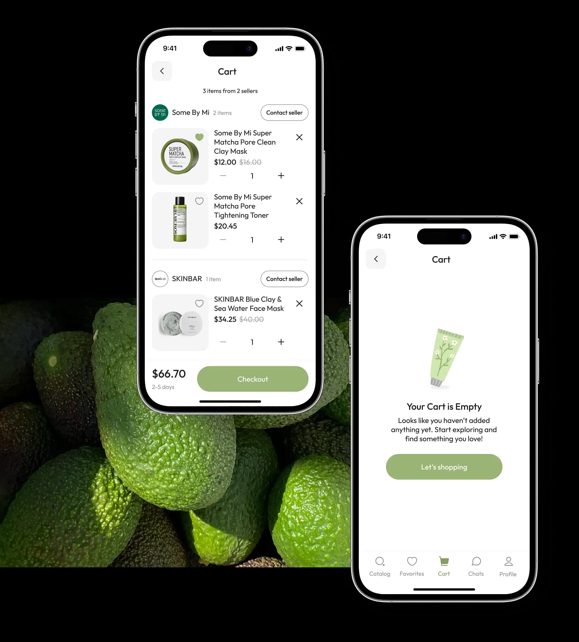 Two app screens showing a cart with three items grouped by seller at checkout and an empty-cart state over an avocado backdrop.