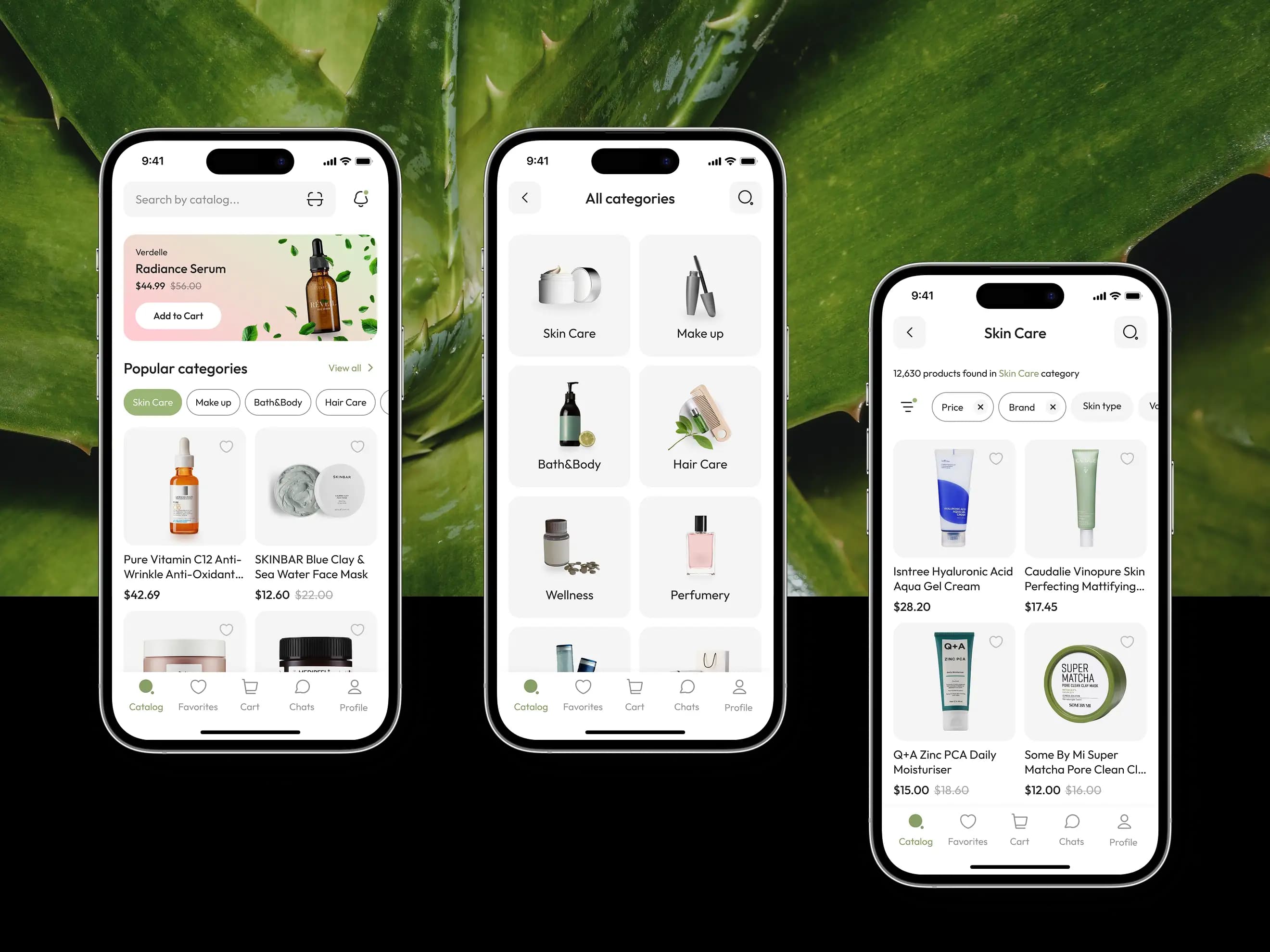 Three phones showing the eco cosmetics catalog home screen, the full category list, and a category product feed.