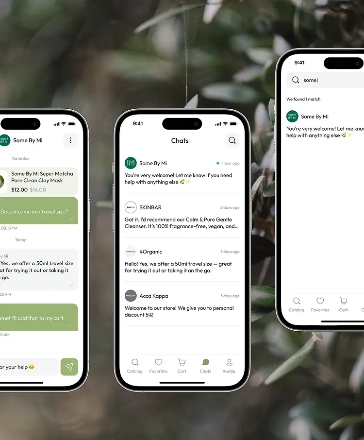 Three phone screens showing a chat with a seller, the list of recent conversations, and search across chats.
