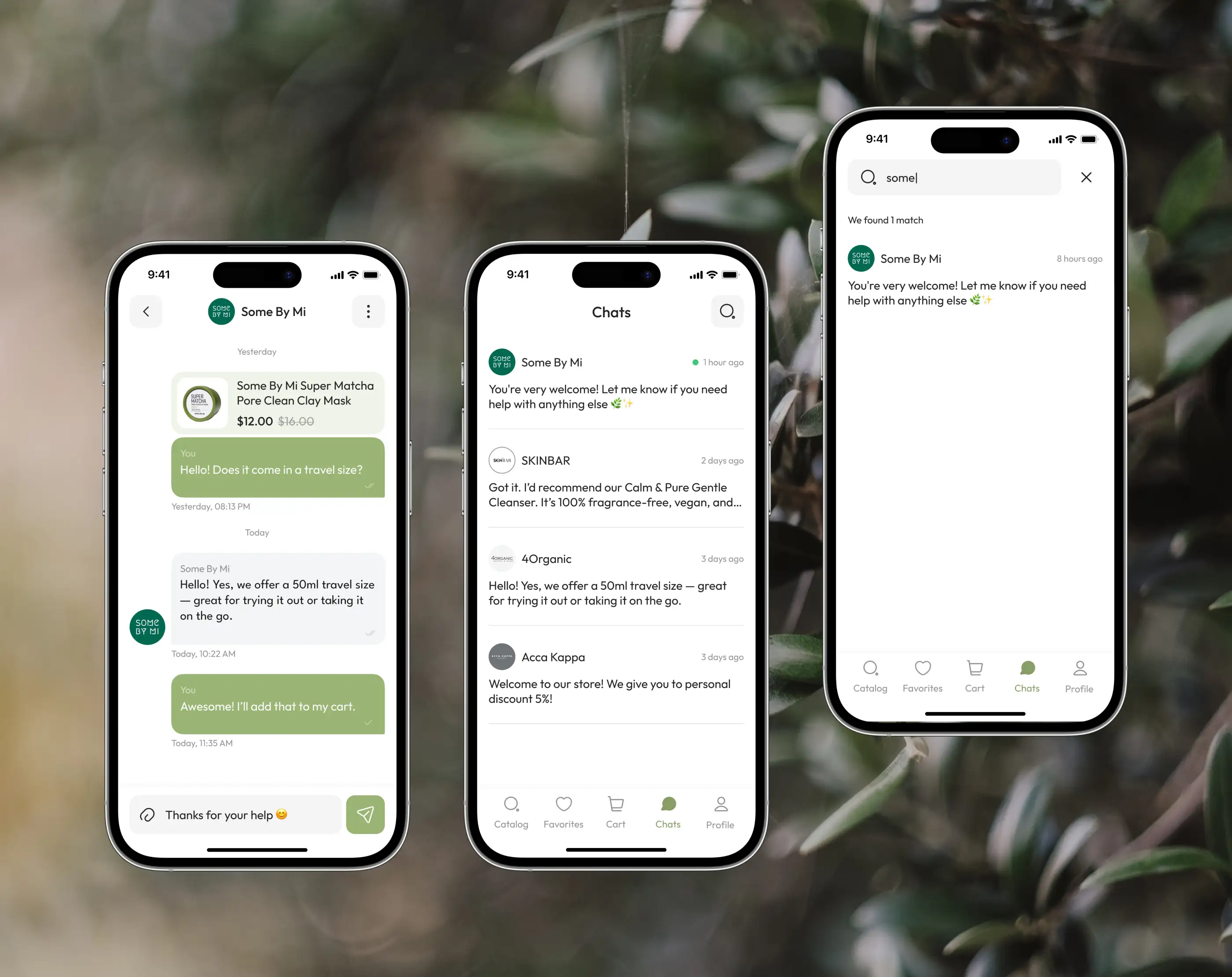 Three phone screens showing a chat with a seller, the list of recent conversations, and search across chats.