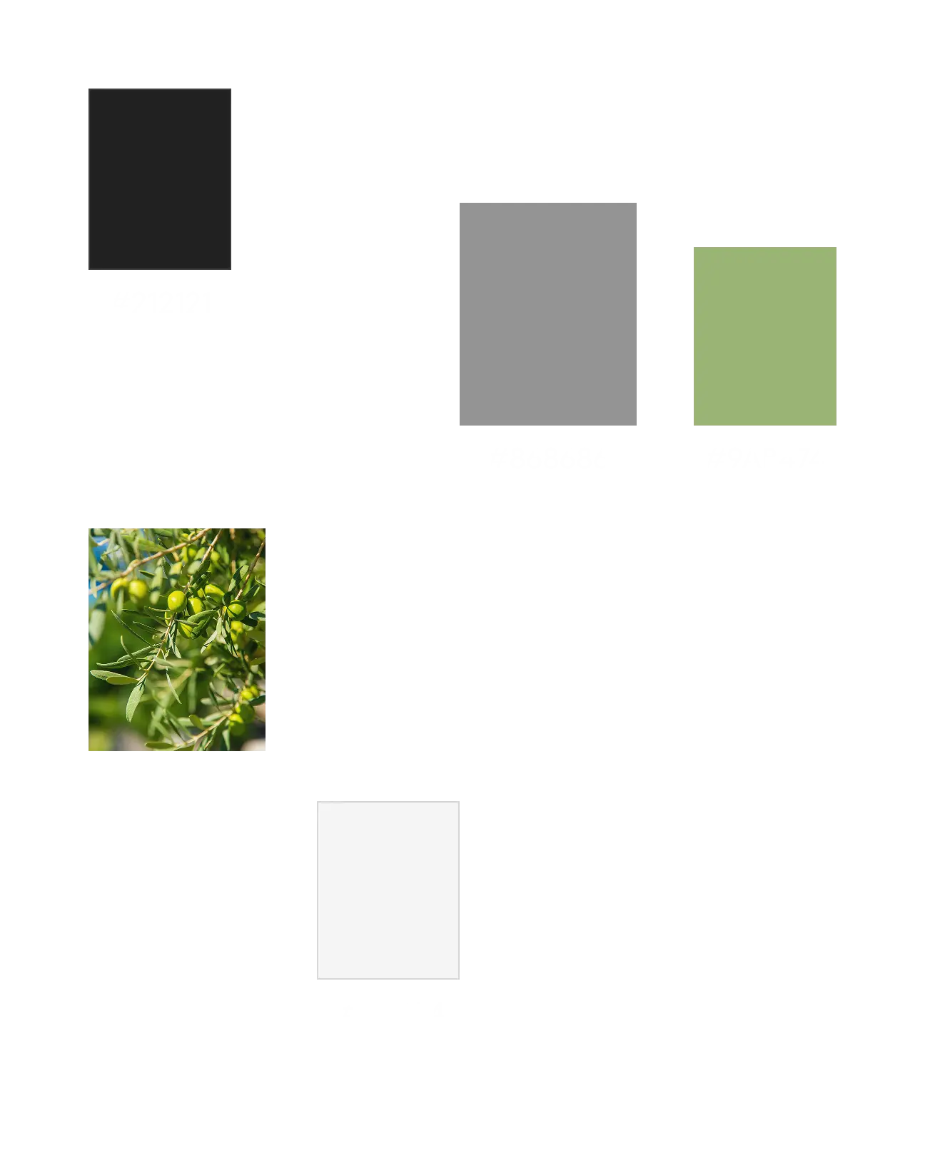 Brand color palette of dark grey, grey, sage green and light neutral swatches beside an olive branch photo.