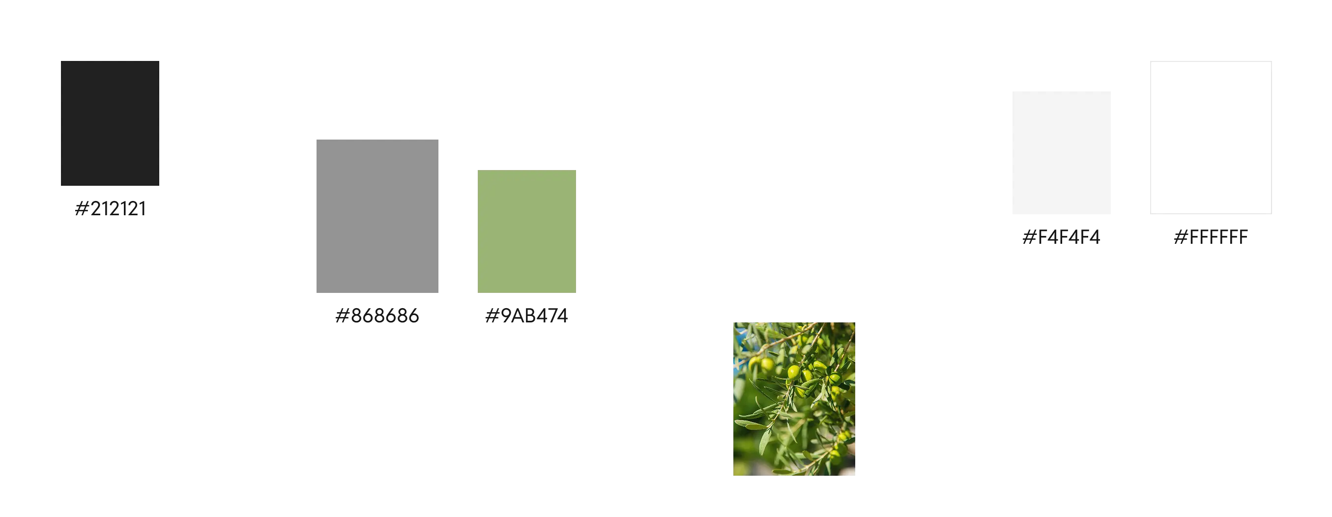 Brand color palette of dark grey, grey, sage green and light neutral swatches beside an olive branch photo.